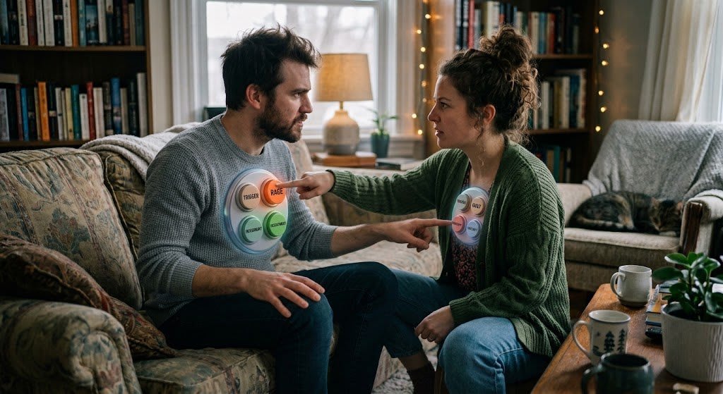 A man and woman sitting on a couch in a living room pointing at emotional trigger buttons on each other's chests representing relationship button pushing dynamics.